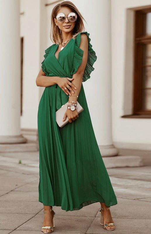 Valenzora | Women's Beach Sexy Lotus Leaf Sleeve Chiffon Pleated Skirt Solid Color Dress