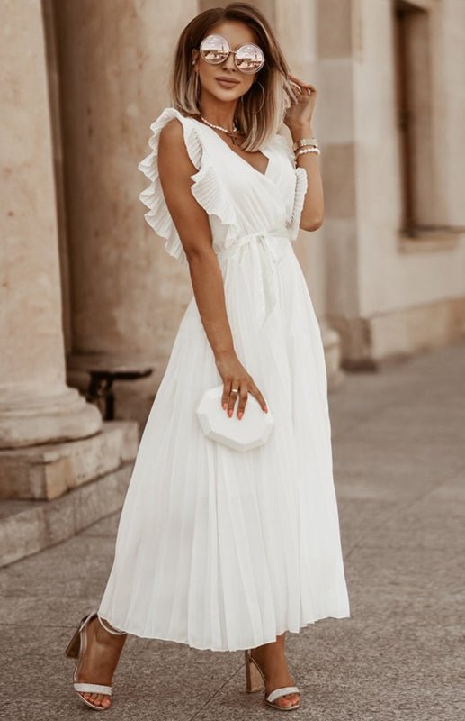 Valenzora | Women's Beach Sexy Lotus Leaf Sleeve Chiffon Pleated Skirt Solid Color Dress