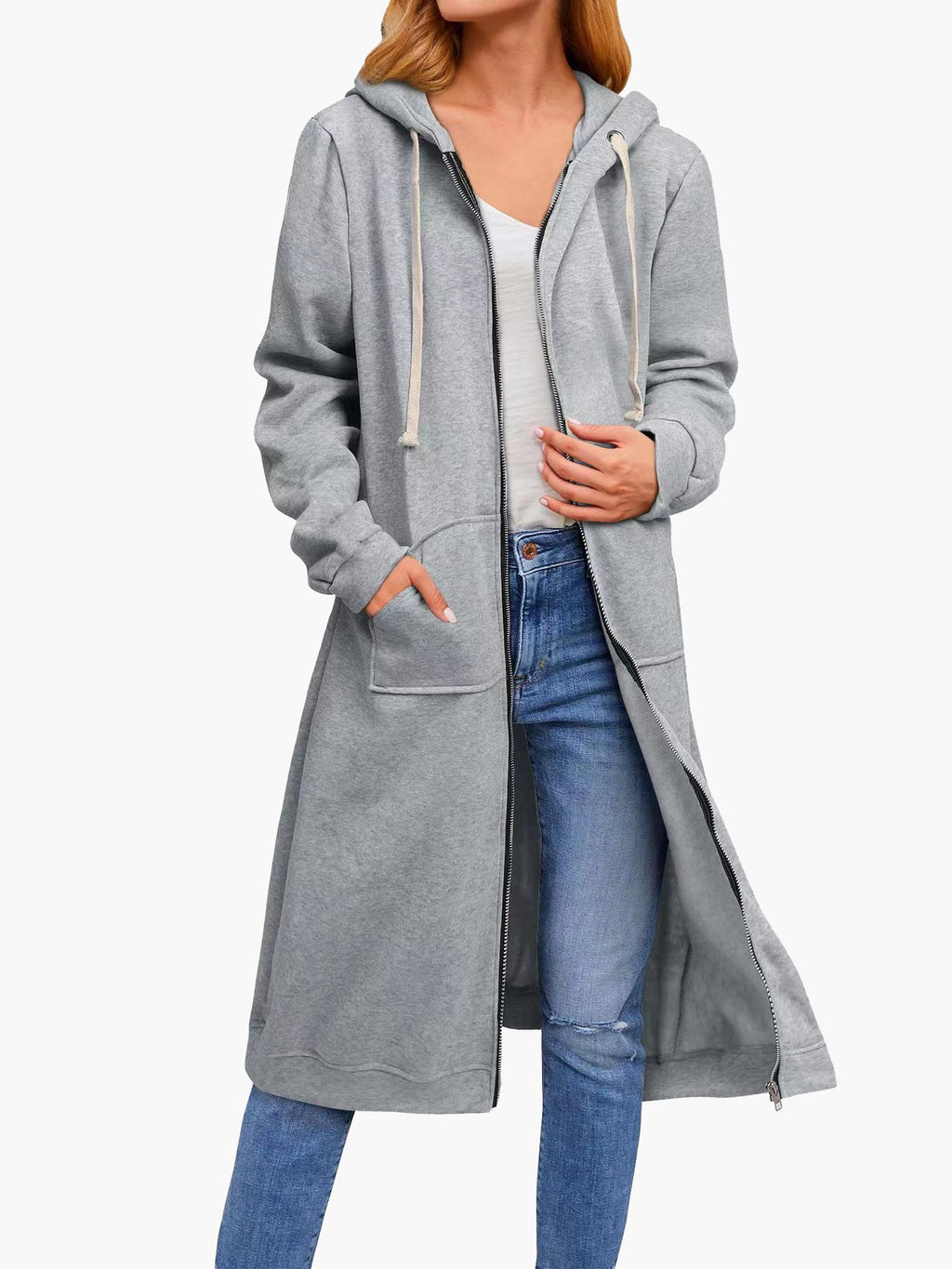 Valenzora | Damen Freizeit-Cardigan mit Reißverschluss, Taschen und Kapuze, Lang