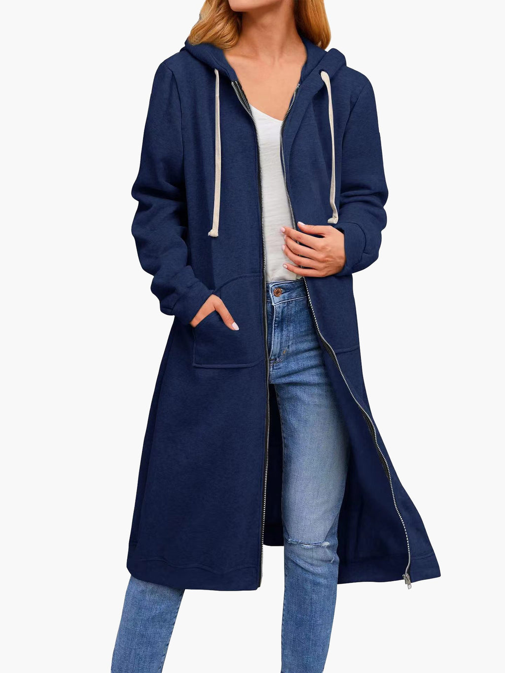 Valenzora | Damen Freizeit-Cardigan mit Reißverschluss, Taschen und Kapuze, Lang