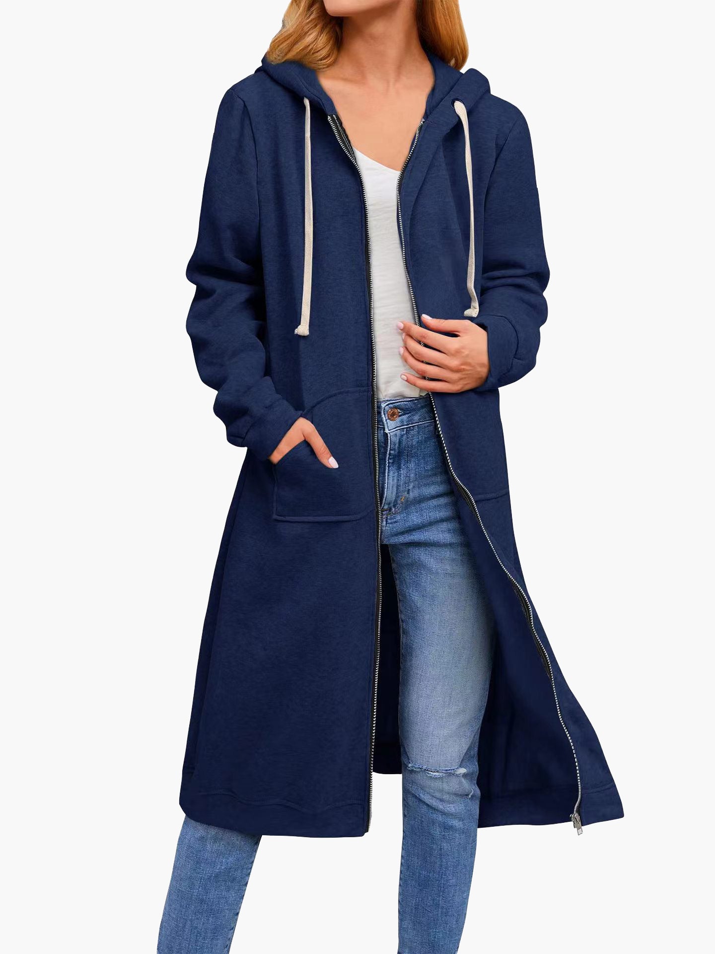Valenzora | Damen Freizeit-Cardigan mit Reißverschluss, Taschen und Kapuze, Lang