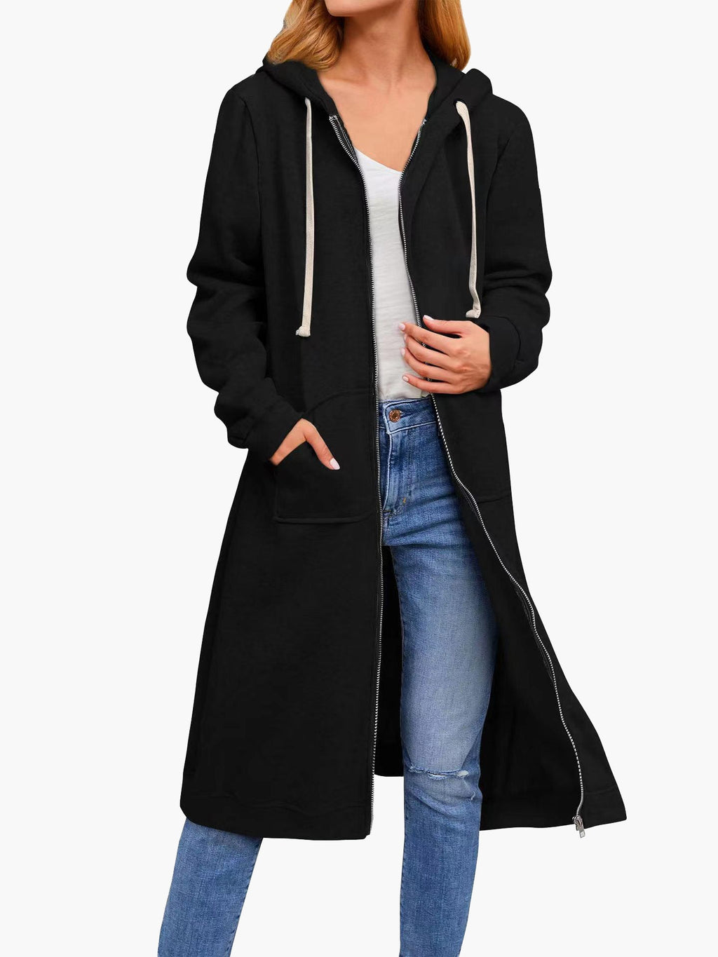 Valenzora | Damen Freizeit-Cardigan mit Reißverschluss, Taschen und Kapuze, Lang