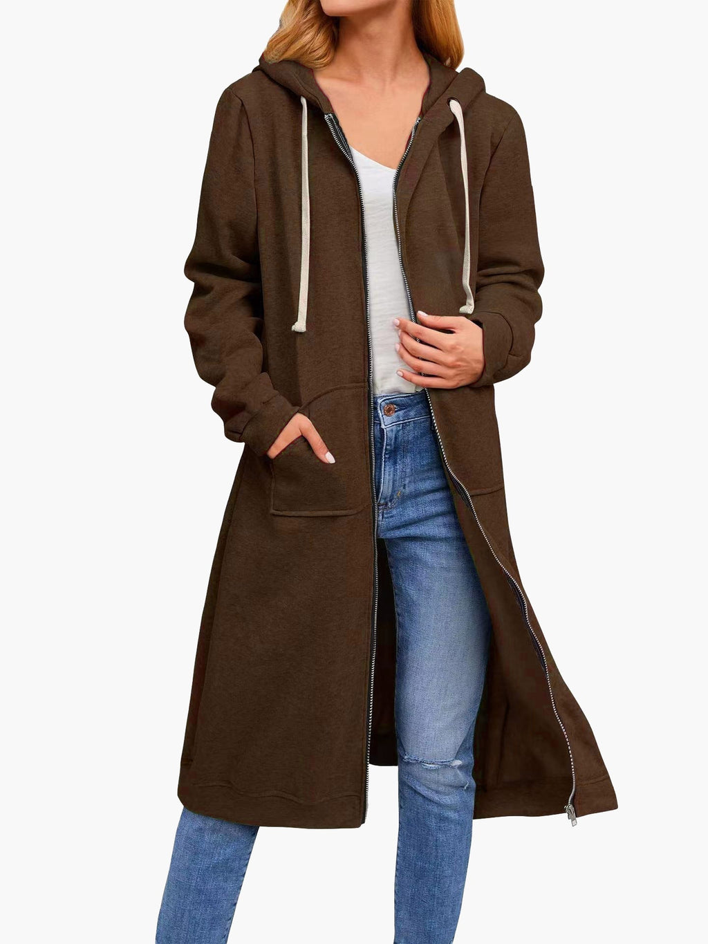 Valenzora | Damen Freizeit-Cardigan mit Reißverschluss, Taschen und Kapuze, Lang