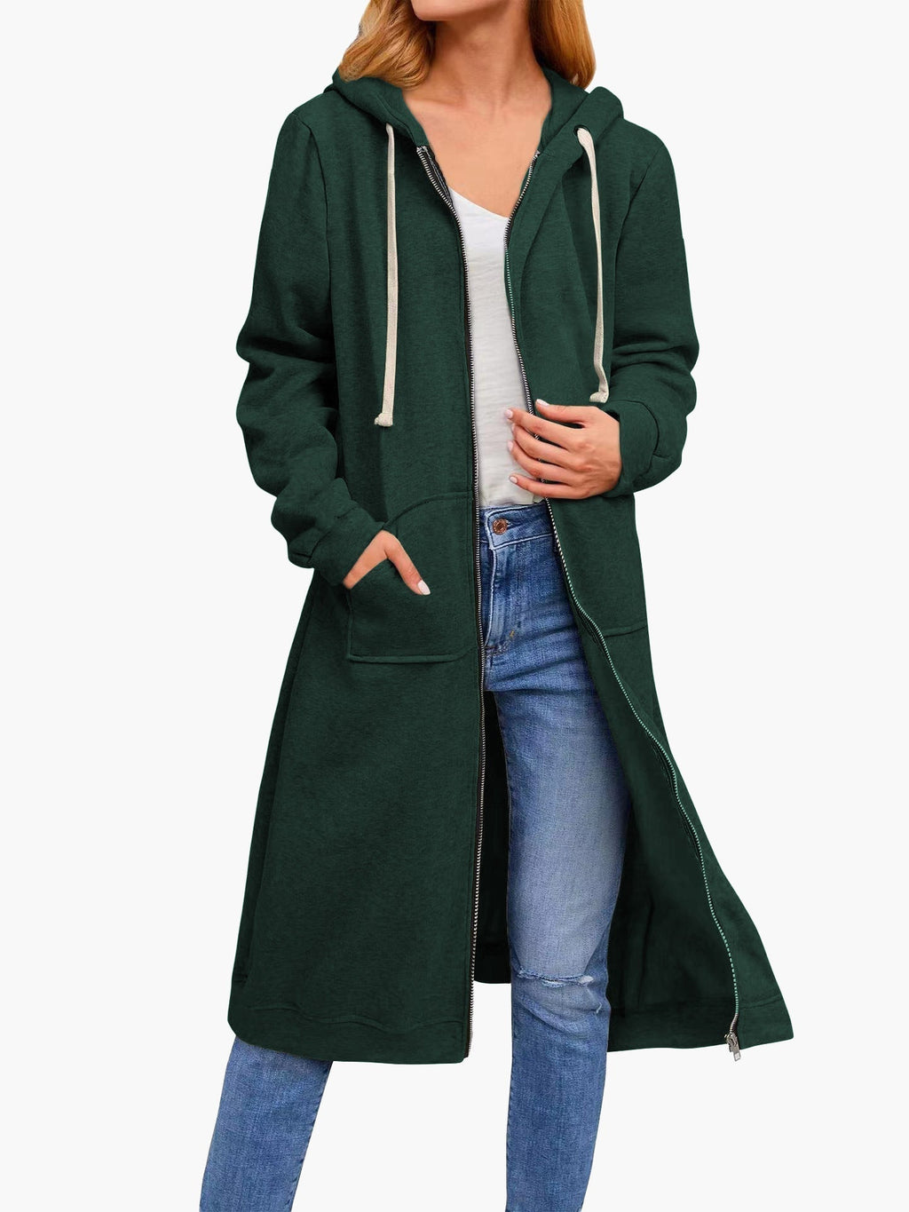 Valenzora | Damen Freizeit-Cardigan mit Reißverschluss, Taschen und Kapuze, Lang