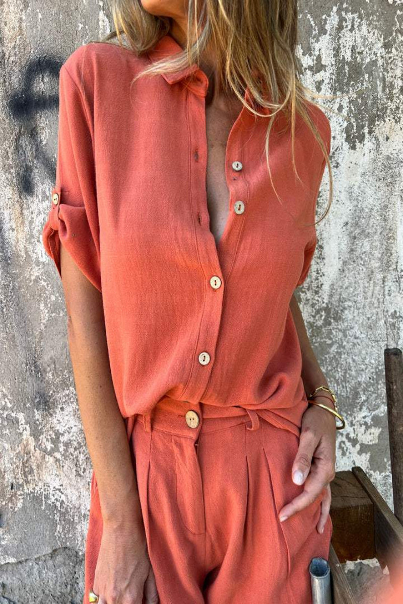 Valenzora | Short-sleeved linen shirt & trousers set for women