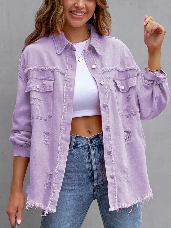 Valenzora | Women's Mid-Length Tattered Loose Denim Jacket