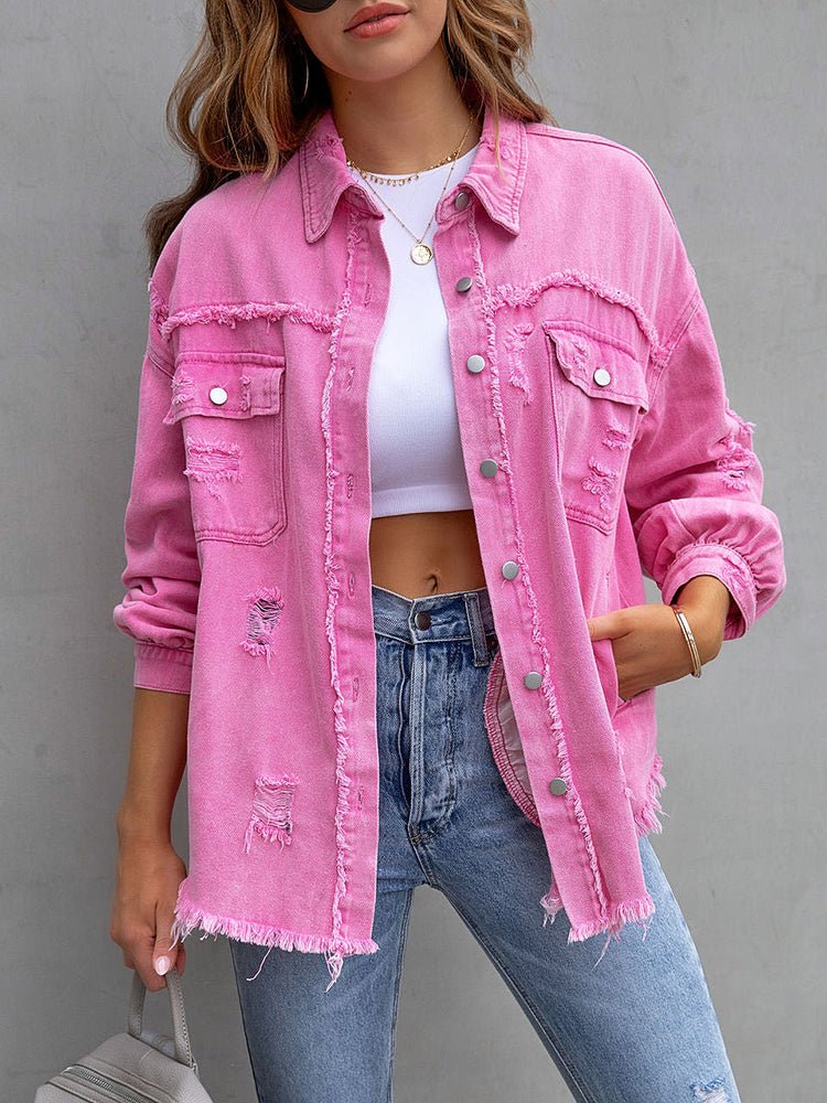 Valenzora | Women's Mid-Length Tattered Loose Denim Jacket