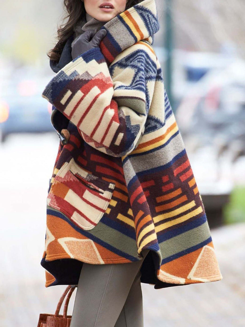 Valenzora | Women's Coats Multicolored Printed Long-Sleeved Wool Hooded Coats