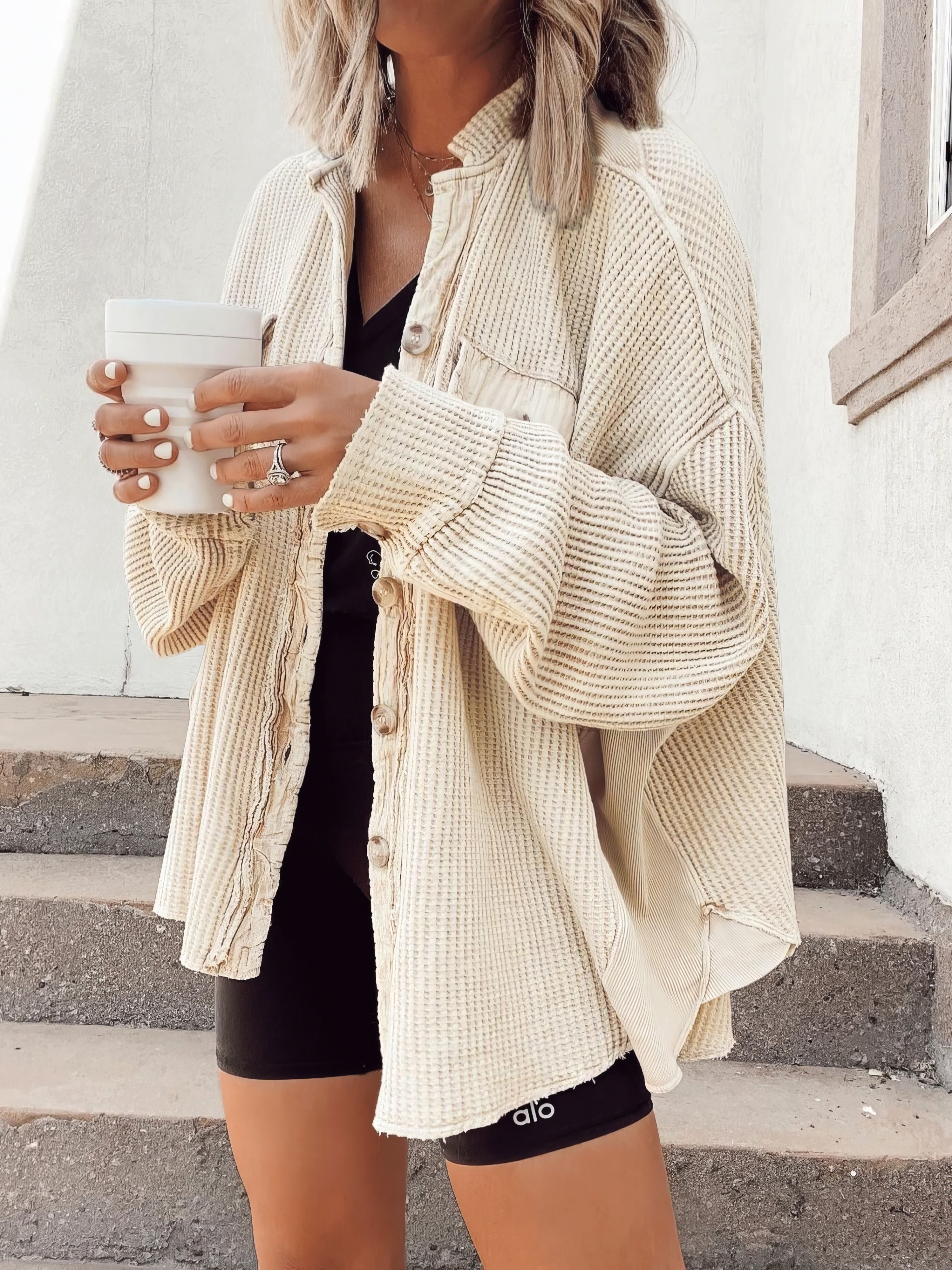 waffle-button long-sleeved shirt jacket