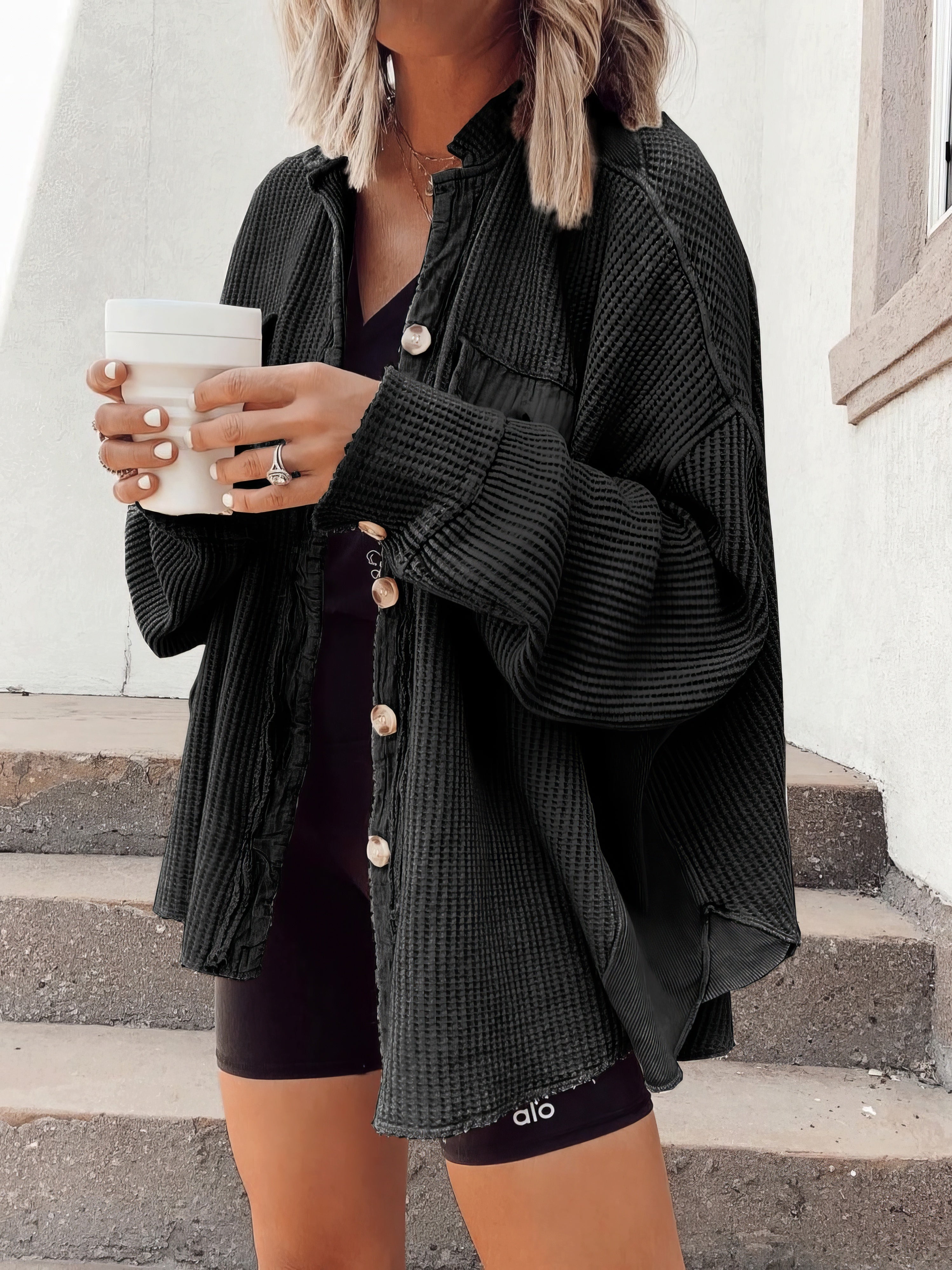 waffle-button long-sleeved shirt jacket