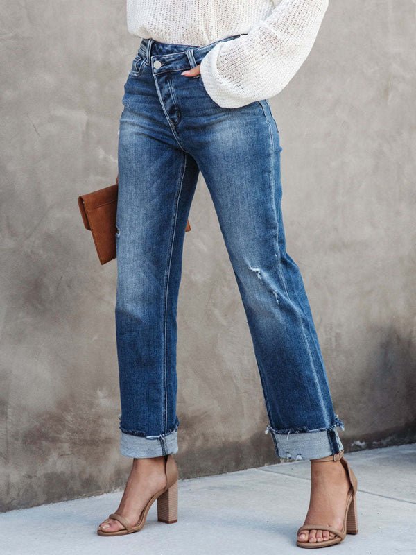 Valenzora | Women's Washed Denim High Waist Fashionable Casual Design Drawstring Waist Trousers