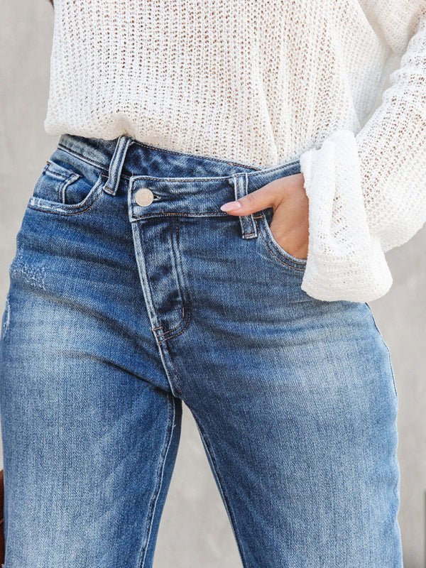 Valenzora | Women's Washed Denim High Waist Fashionable Casual Design Drawstring Waist Trousers