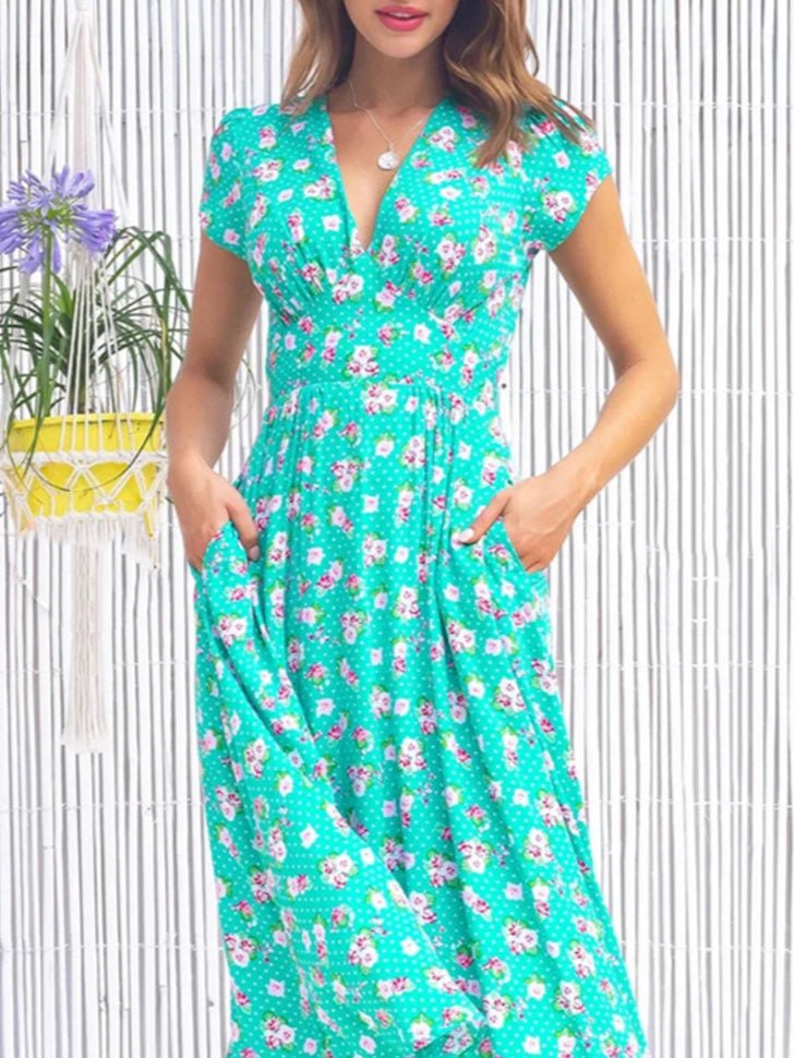 Valenzora | Women's Bohemian Print V-Neck Pocket Dress