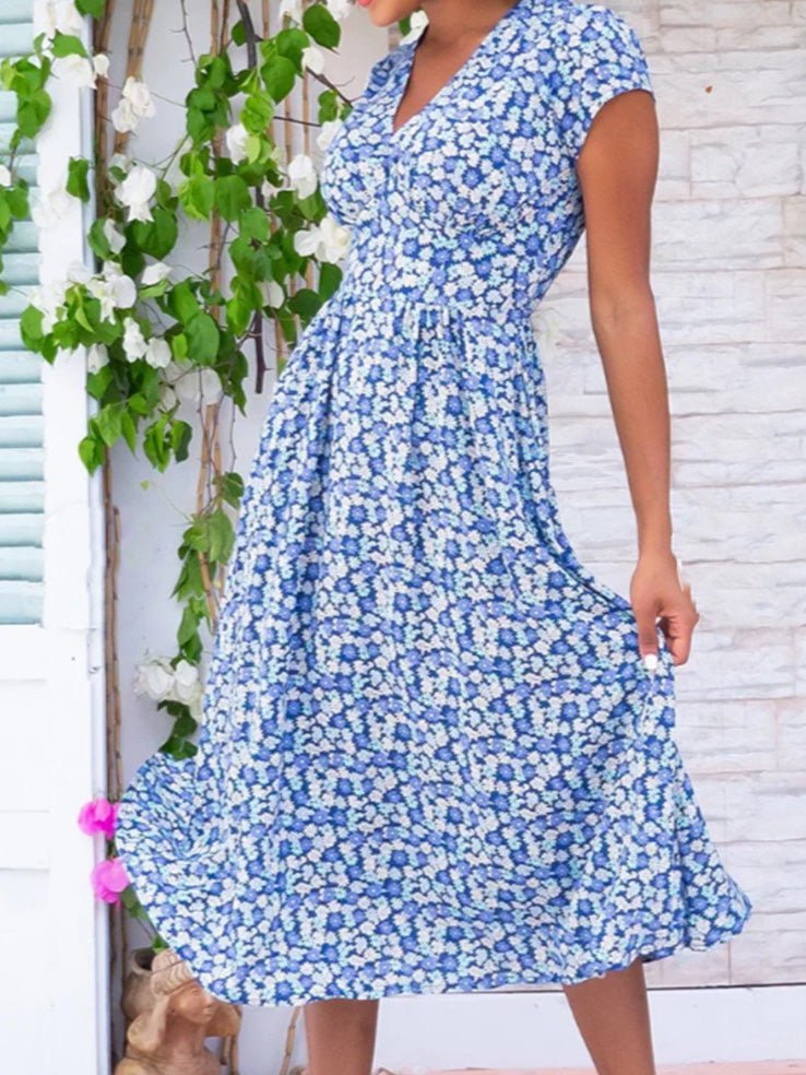 Valenzora | Women's Bohemian Print V-Neck Pocket Dress