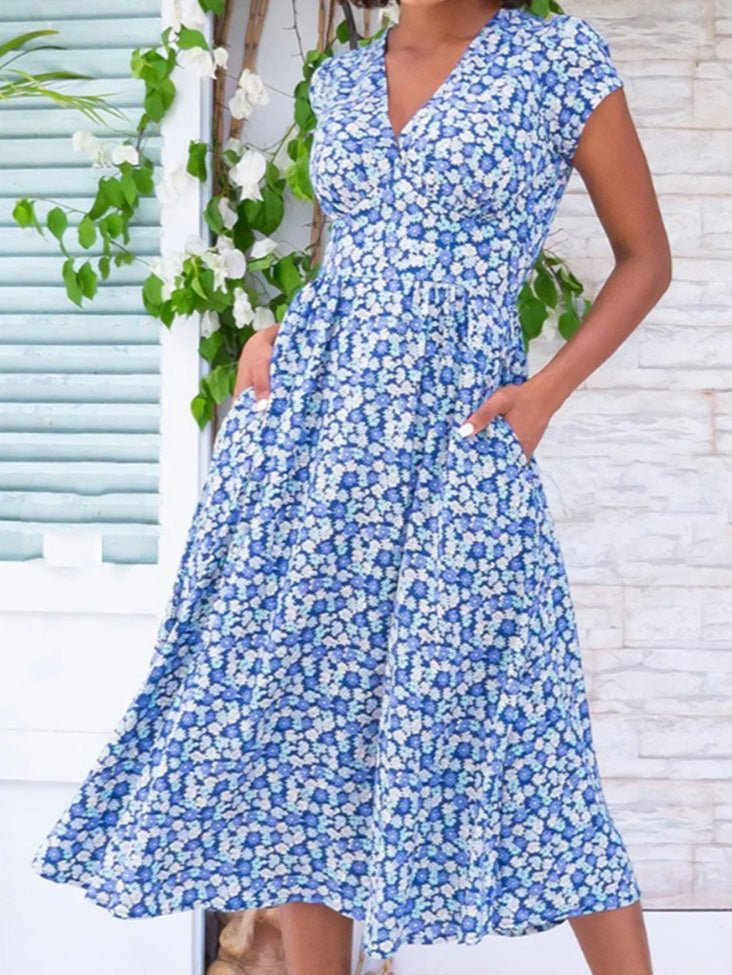 Valenzora | Women's Bohemian Print V-Neck Pocket Dress