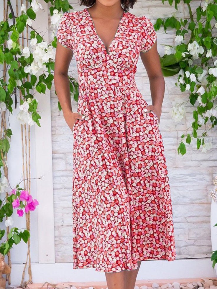 Valenzora | Women's Bohemian Print V-Neck Pocket Dress