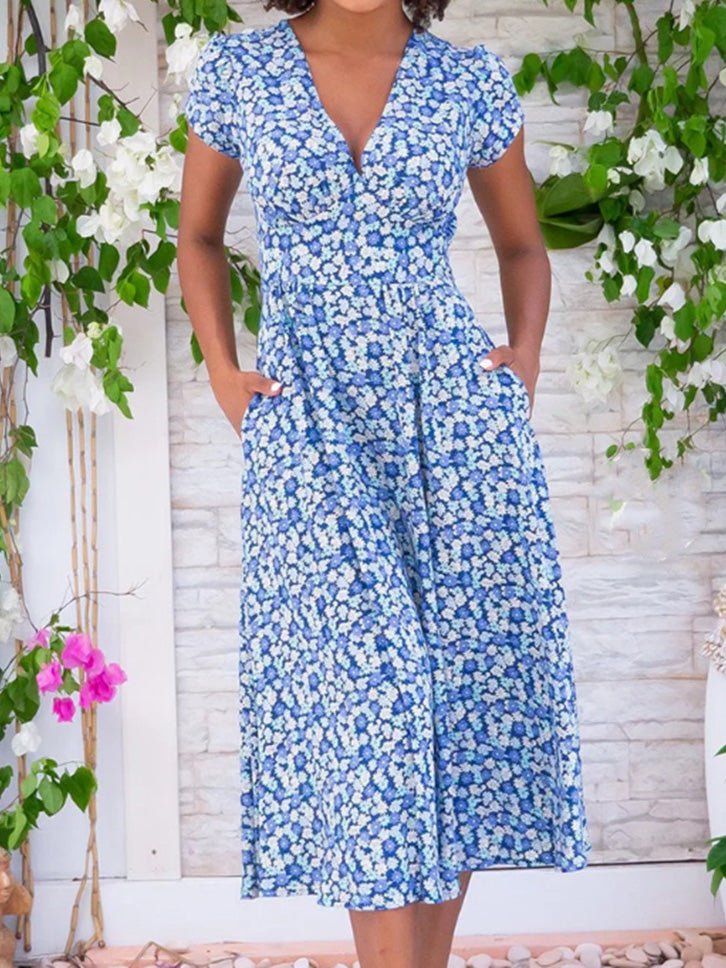 Valenzora | Women's Bohemian Print V-Neck Pocket Dress