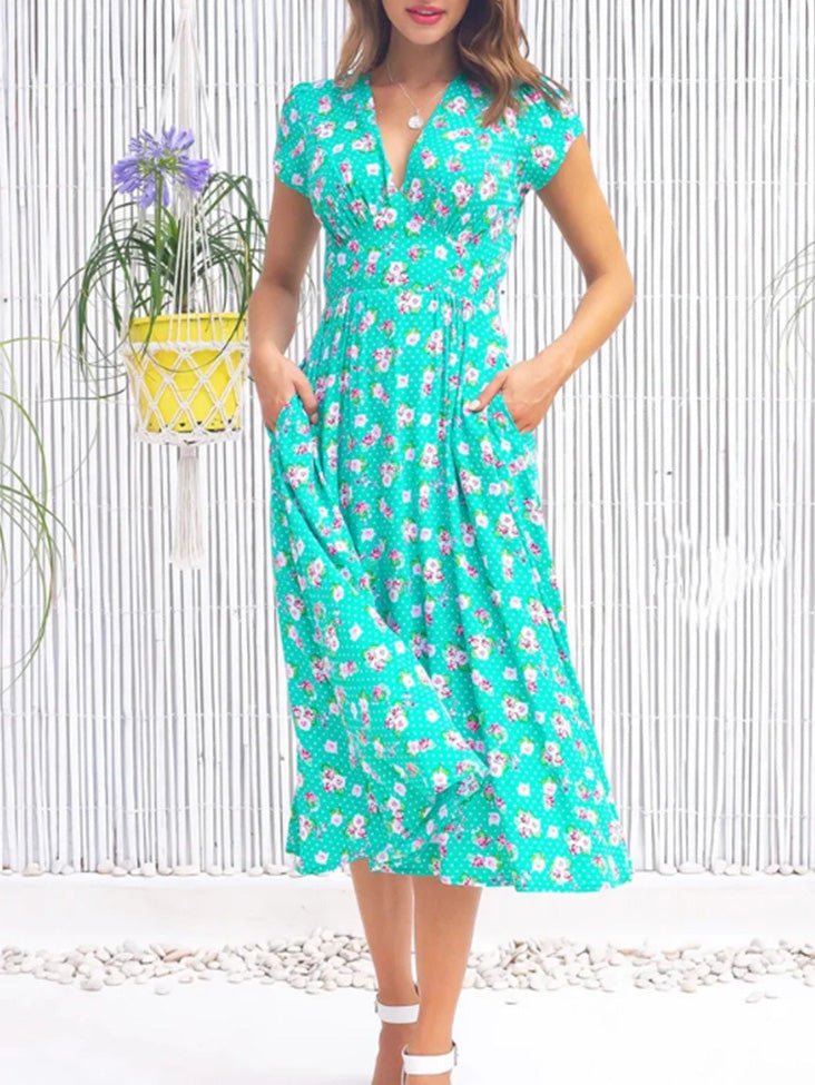 Valenzora | Women's Bohemian Print V-Neck Pocket Dress
