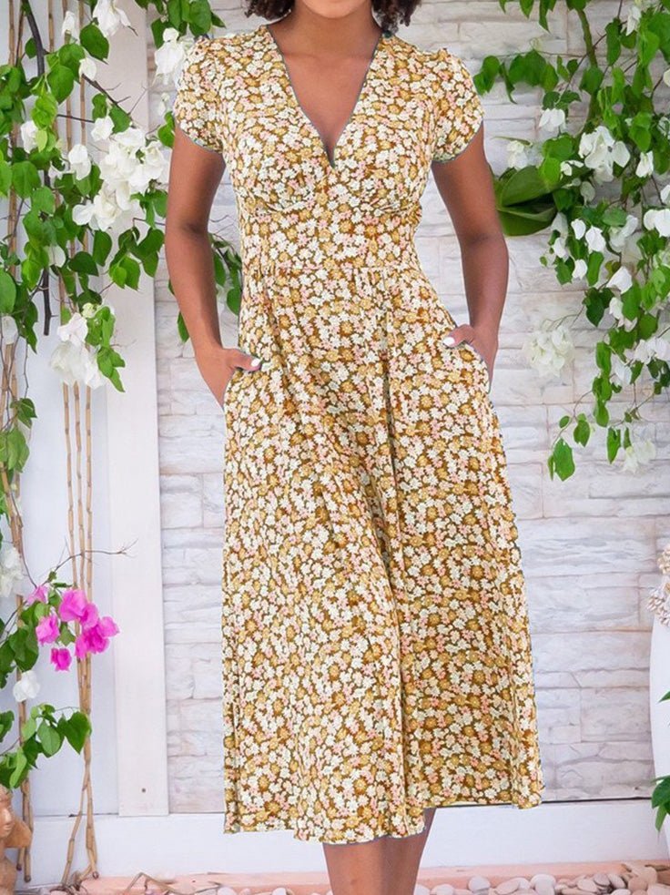 Valenzora | Women's Bohemian Print V-Neck Pocket Dress