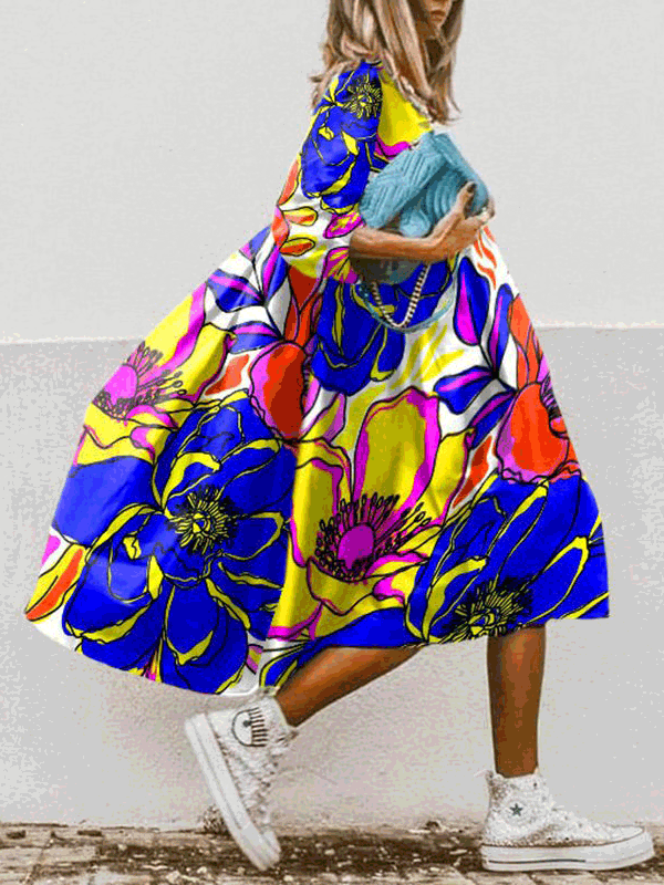 Valenzora | Damen-Boho-Kleid mit Print, Rundhalsausschnitt, Halbarm