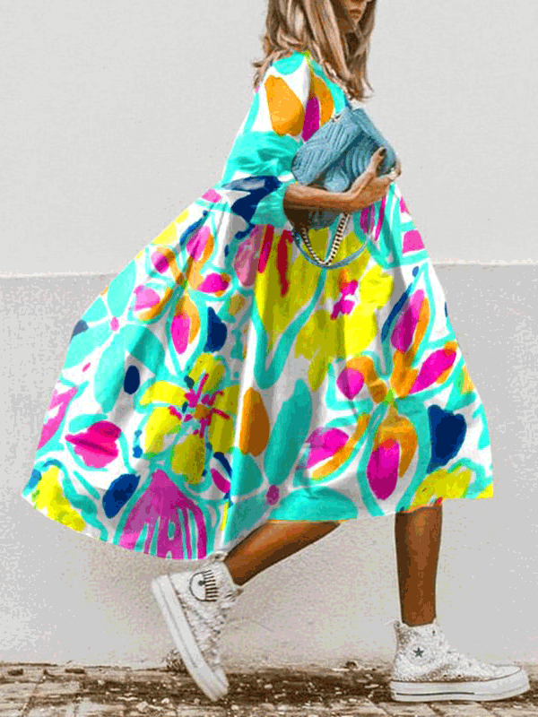 Valenzora | Damen-Boho-Kleid mit Print, Rundhalsausschnitt, Halbarm