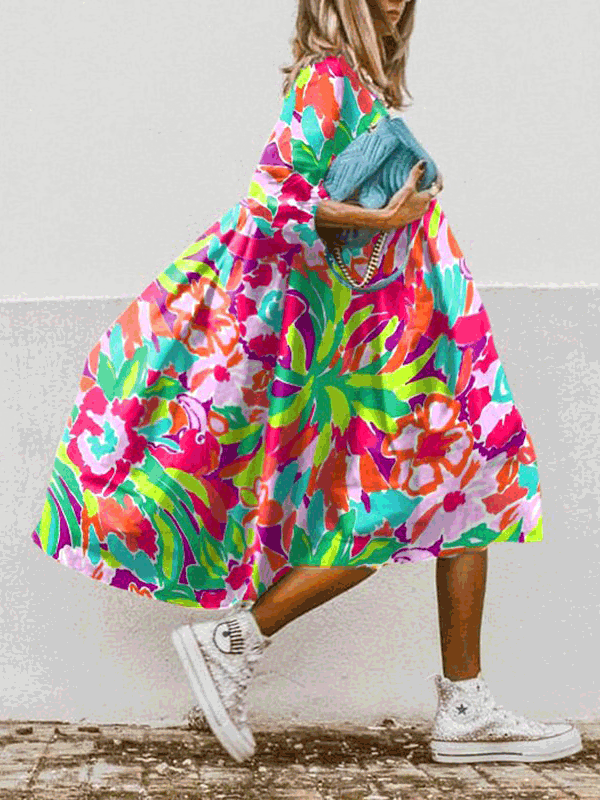 Valenzora | Damen-Boho-Kleid mit Print, Rundhalsausschnitt, Halbarm