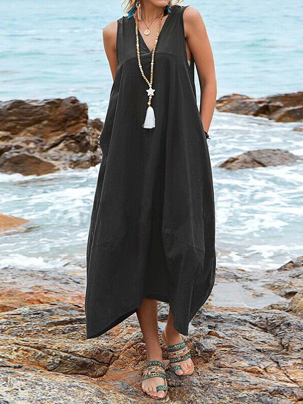 Valenzora | Women's Casual V-Neck Sleeveless Dress with Pockets