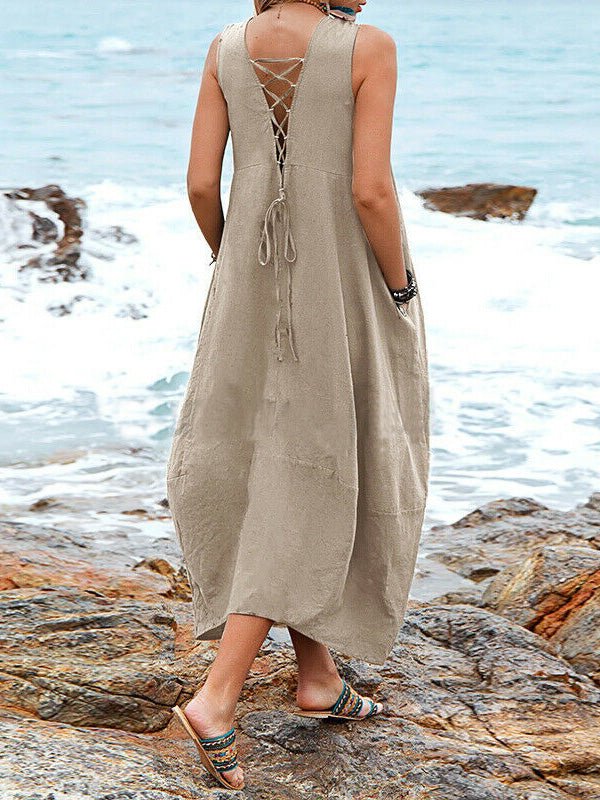 Valenzora | Women's Casual V-Neck Sleeveless Dress with Pockets