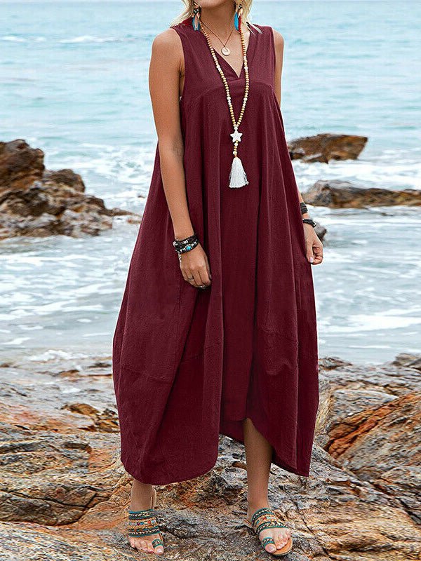 Valenzora | Women's Casual V-Neck Sleeveless Dress with Pockets
