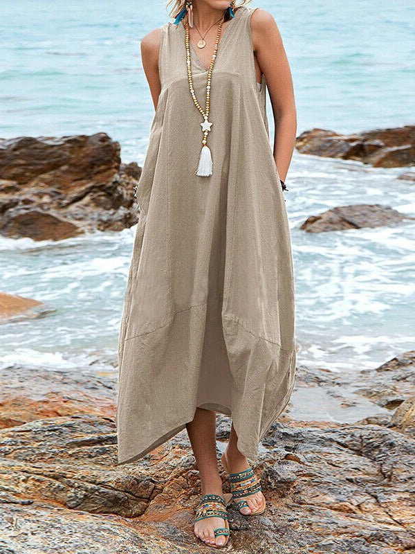 Valenzora | Women's Casual V-Neck Sleeveless Dress with Pockets