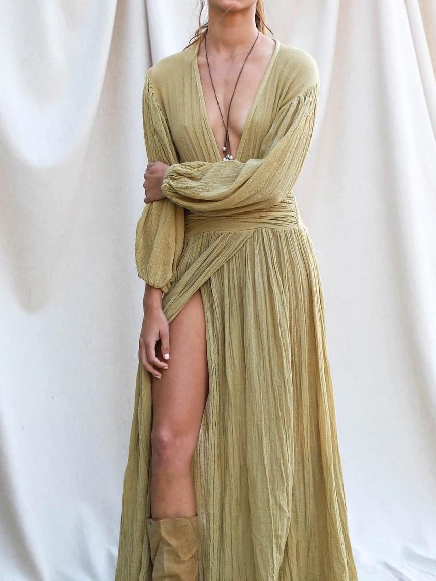 Valenzora | Women's Dresses Cotton Linen V-Neck Balloon Sleeves Slit Dress