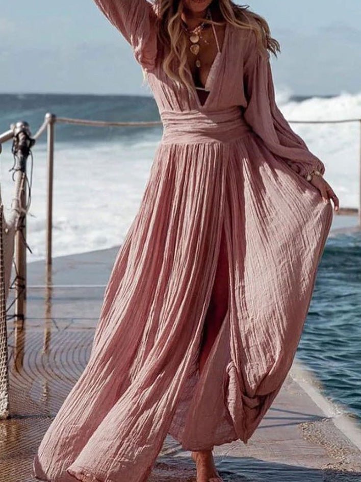 Valenzora | Women's Dresses Cotton Linen V-Neck Balloon Sleeves Slit Dress