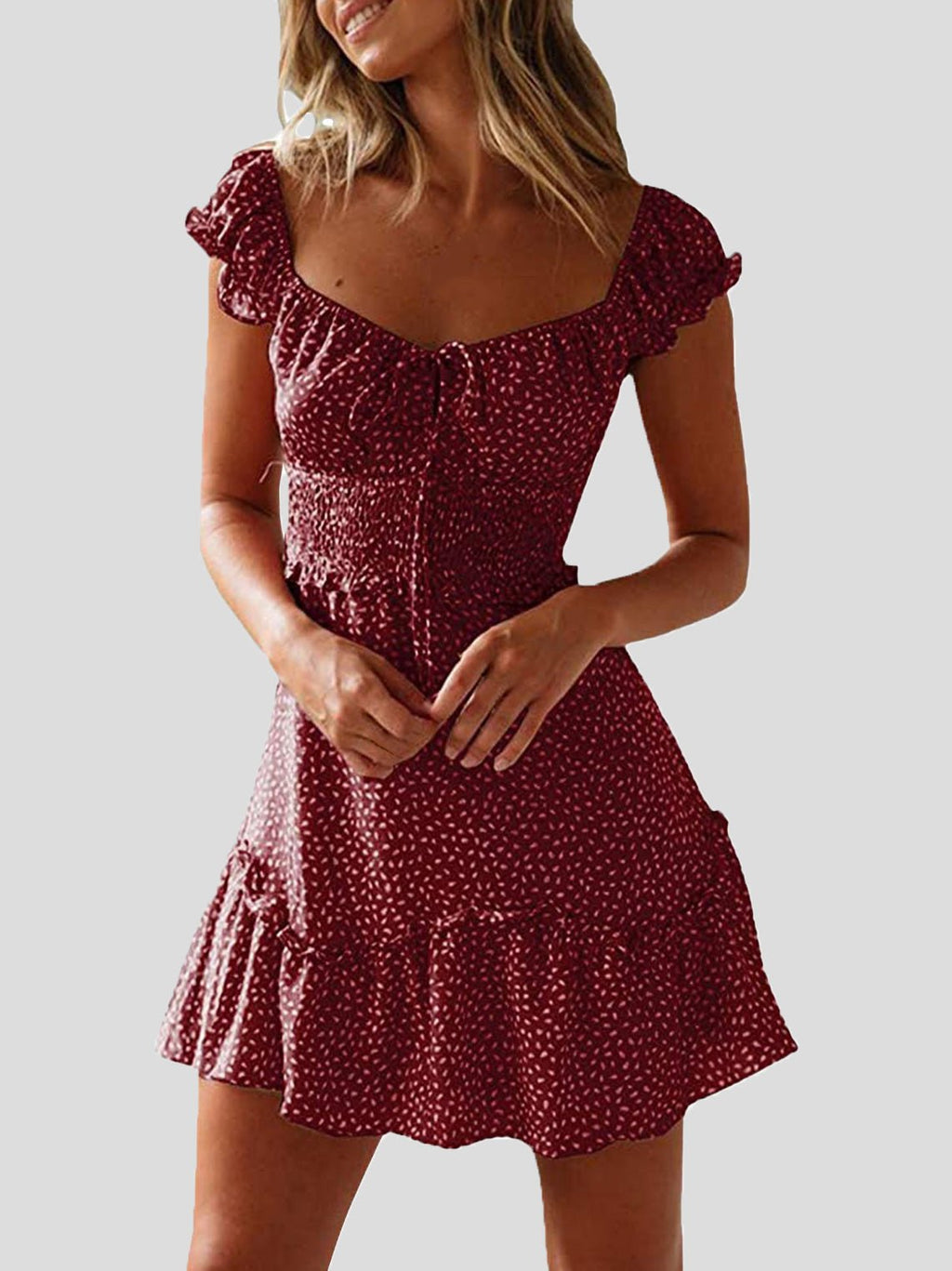 Valenzora | Women's floral pattern U-neck knot ruffle dress