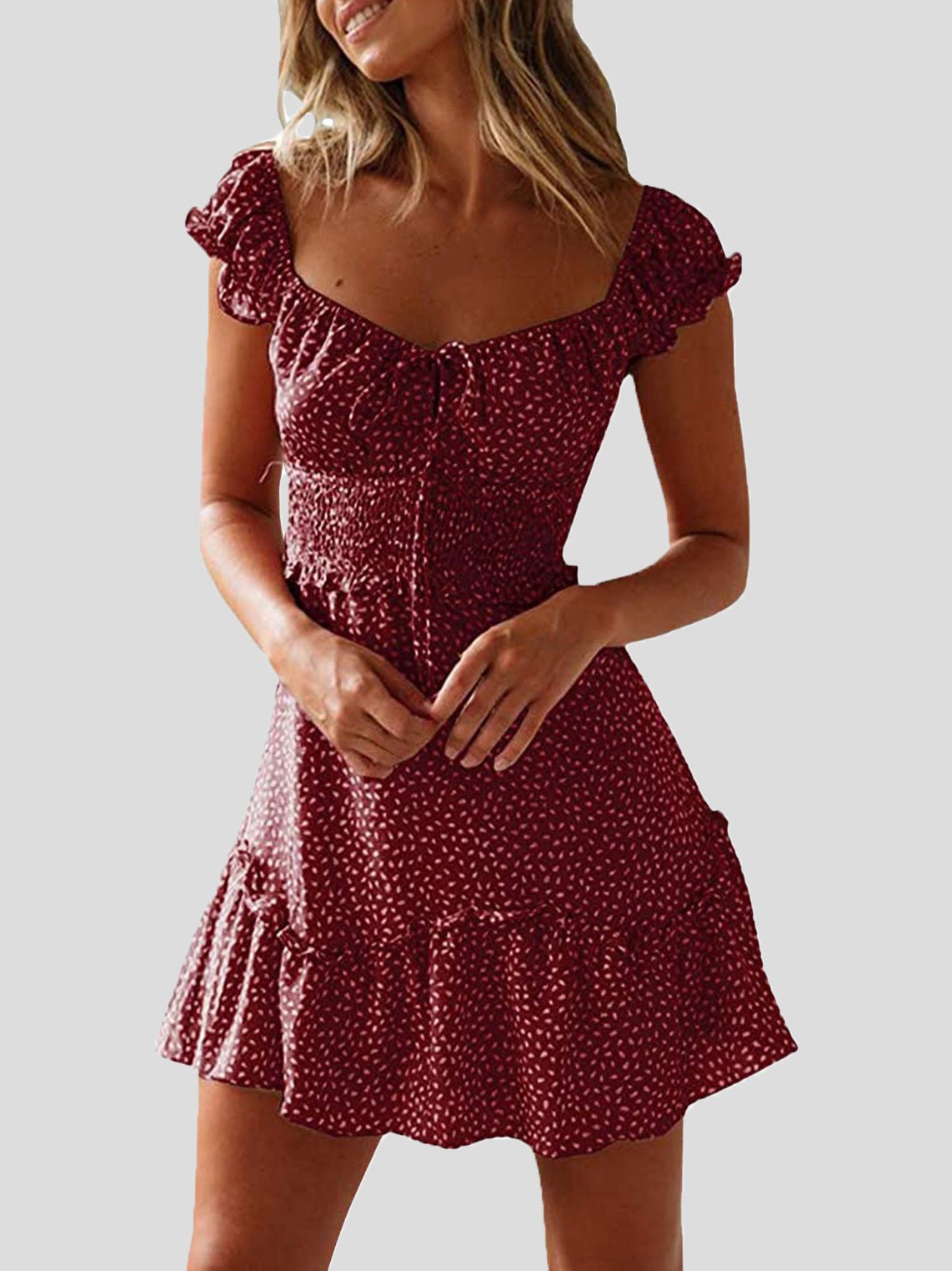 Valenzora | Women's floral pattern U-neck knot ruffle dress