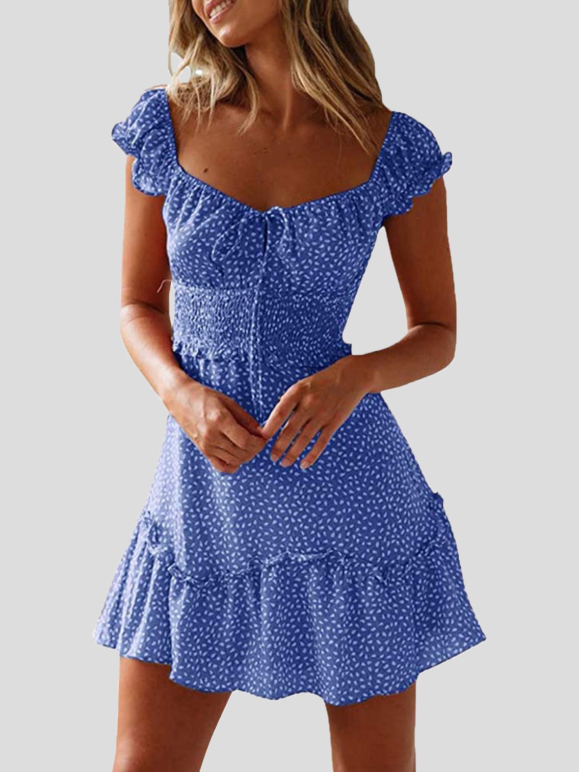 Valenzora | Women's floral pattern U-neck knot ruffle dress