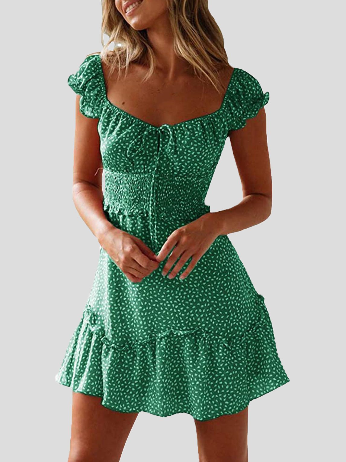 Valenzora | Women's floral pattern U-neck knot ruffle dress