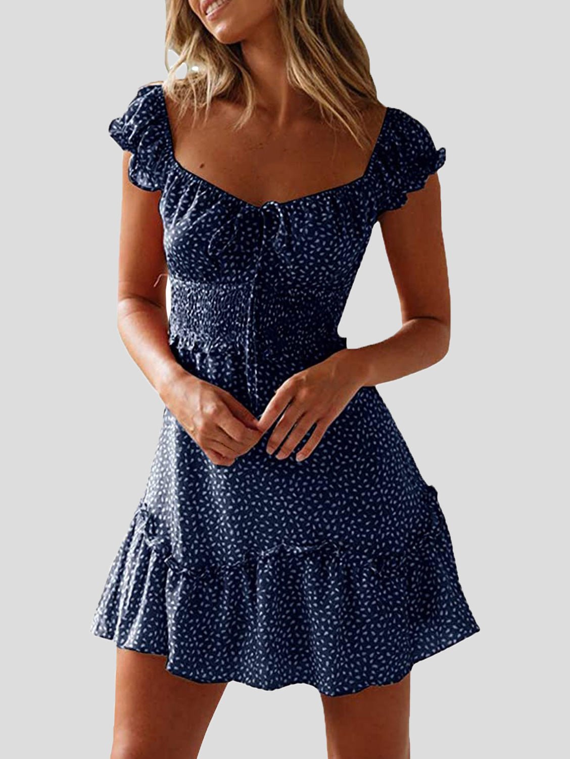 Valenzora | Women's floral pattern U-neck knot ruffle dress