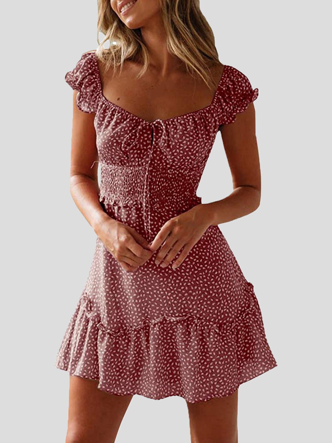 Valenzora | Women's floral pattern U-neck knot ruffle dress