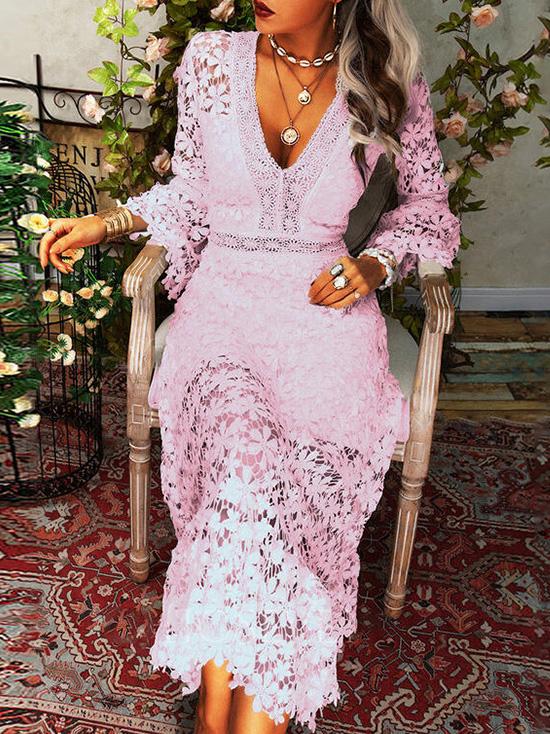 Valenzora | Women's Hollow Lace V-Neck Long Sleeve Dress