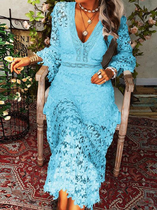 Valenzora | Women's Hollow Lace V-Neck Long Sleeve Dress