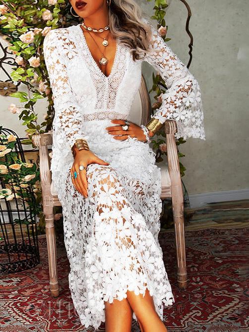 Valenzora | Women's Hollow Lace V-Neck Long Sleeve Dress