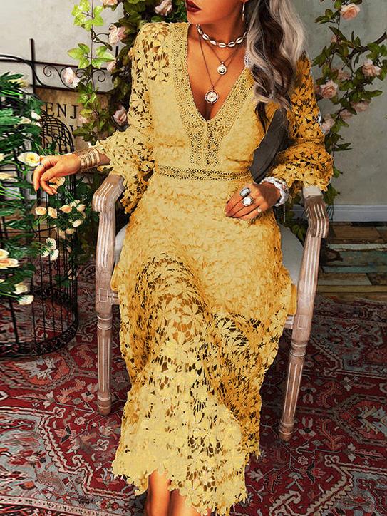Valenzora | Women's Hollow Lace V-Neck Long Sleeve Dress