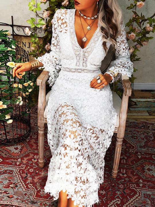 Valenzora | Women's Hollow Lace V-Neck Long Sleeve Dress