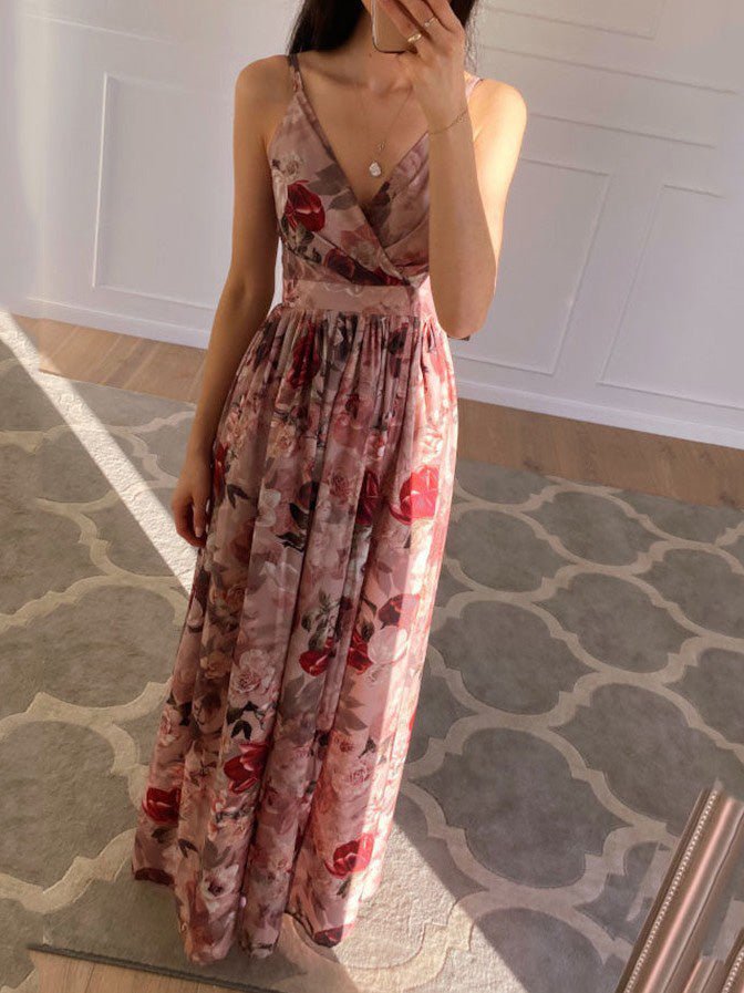 Valenzora | Women's Printed Dress with Deep V-Neck Slit and Straps