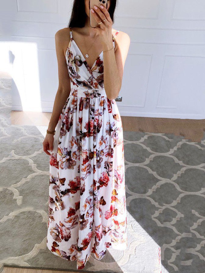 Valenzora | Women's Printed Dress with Deep V-Neck Slit and Straps