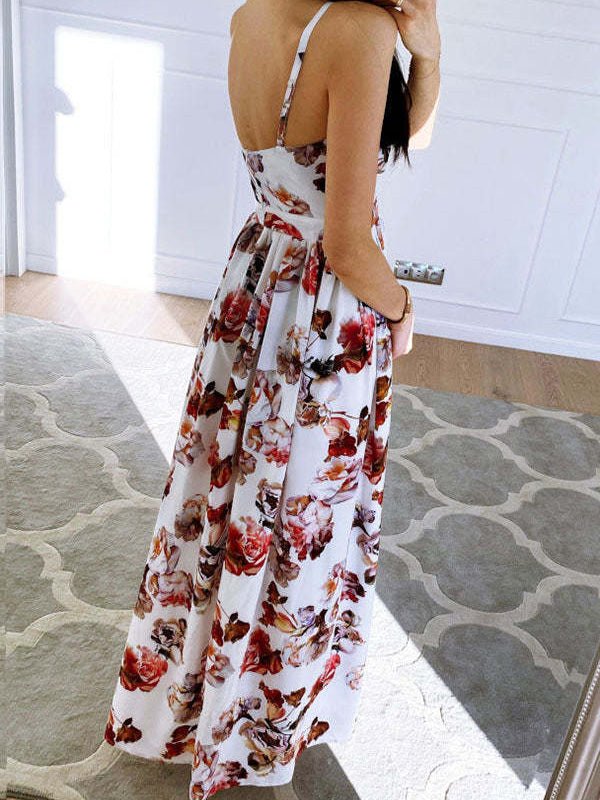 Valenzora | Women's Printed Dress with Deep V-Neck Slit and Straps