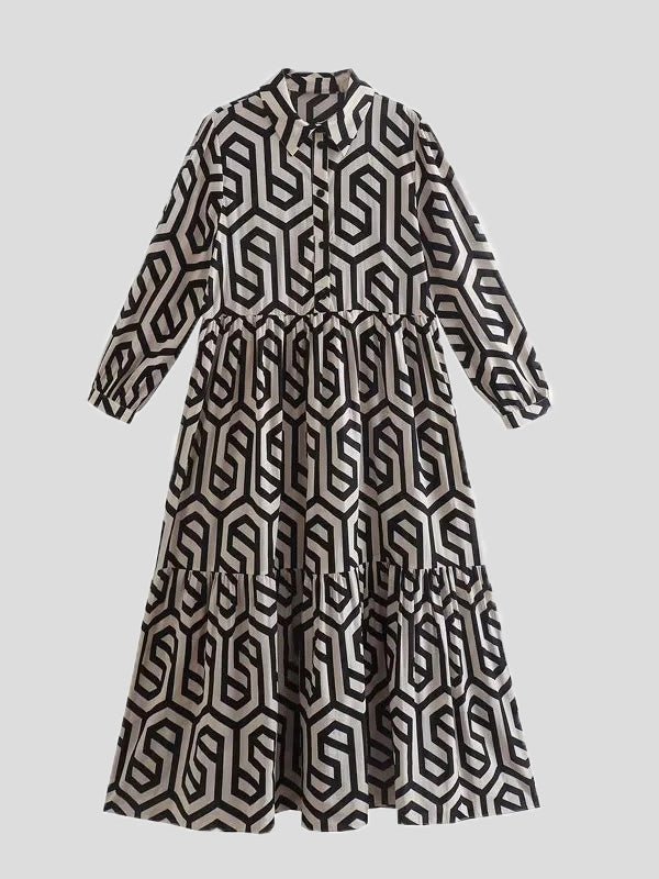 Valenzora | Women's Dresses Printed Lapel Long Sleeve Shirt Dress
