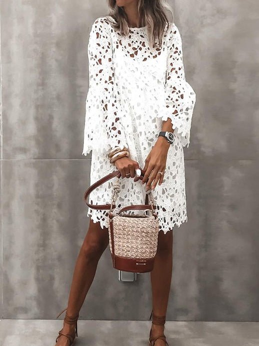 Valenzora | Women's Dress Round Neck Lace Bell Sleeves Ruffles Dress