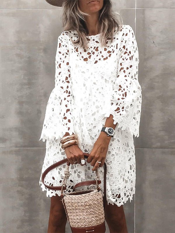 Valenzora | Women's Dress Round Neck Lace Bell Sleeves Ruffles Dress