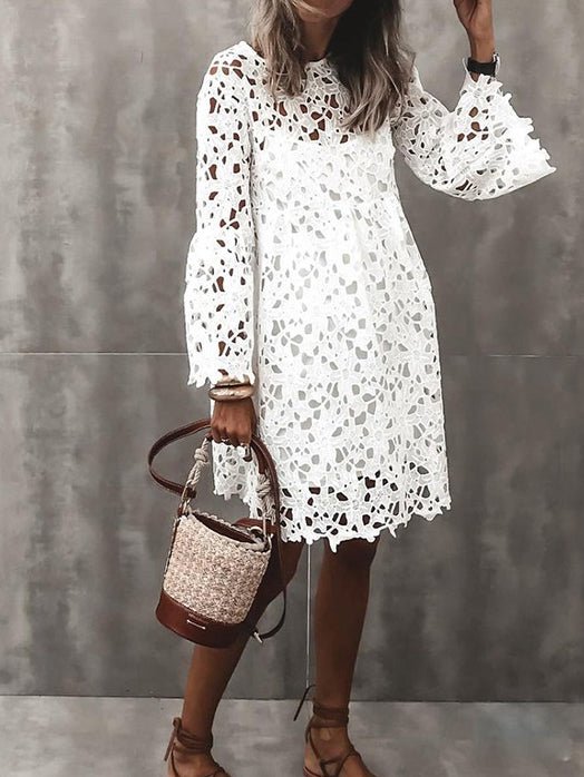 Valenzora | Women's Dress Round Neck Lace Bell Sleeves Ruffles Dress